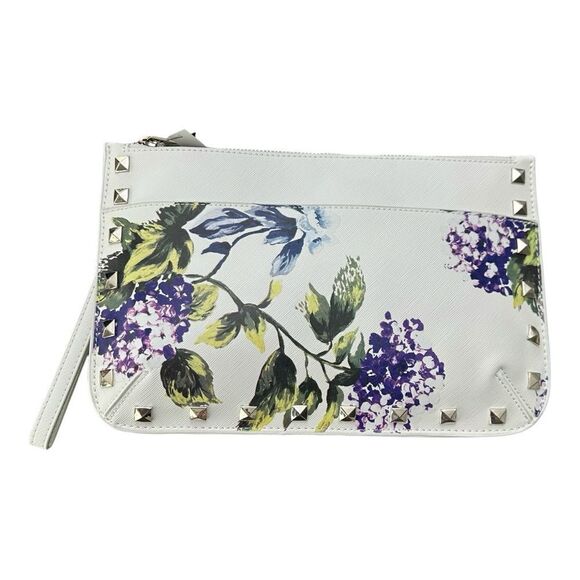 White House Black Market WHBM Hydrangea Studded Wristlet Clutch White Floral - Picture 1 of 4